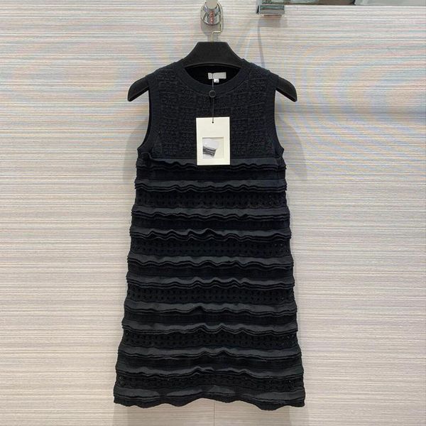 

new high-end solid cotton knit dress women sleeveless o-neck hollow out crochet ruffles sweet party dresses korean chic sundress1, Black;gray
