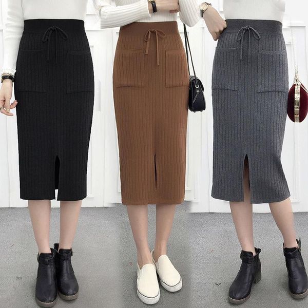 

2020 autumn winter new women elastic high waist solid skirts knitted medium long sweater midi skirt with pocket & button q591, Black