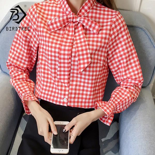 

2018 spring casual women plaid shirt blouse with bow turn-down collar fresh cute sweet fashion chic plus size t822126q1, White
