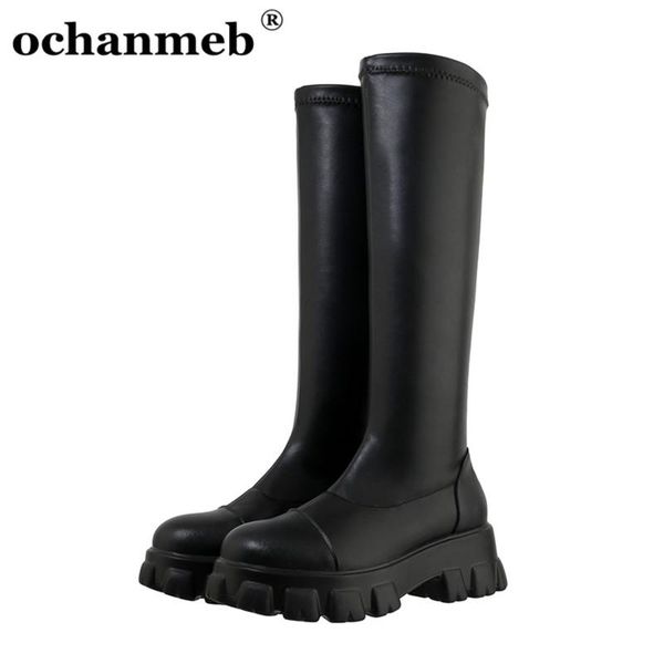 

ochanmeb knee high boots women elastic stretch pu leather suede long boots woman chunky heels platform gothic shoes, Black