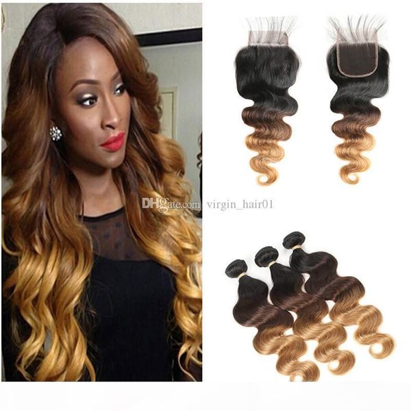 

9a 3 tone brazilian body wave ombre hair with lace closure,1b 4 27 honey blonde ombre hair extensions with 3 part closure, Black;brown