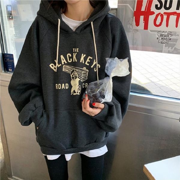 

winter hooded plus velvet padded sweatshirt female ins harajuku letter vintage bf fashion loose head casual female sweatshirt, Black