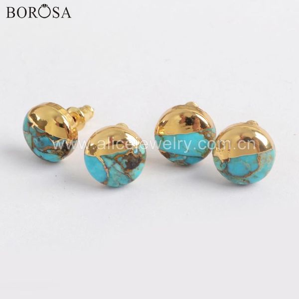 

borosa 5pairs boho turquoises studs 10mm gold plated square round triangle natural turquoises earrings handmade lady gifts g1723, Golden;silver