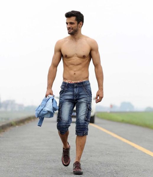 

casual men's cargo denim shorts retro vintage washed slim fit jean shorts mulit-pockets biker for men, Blue