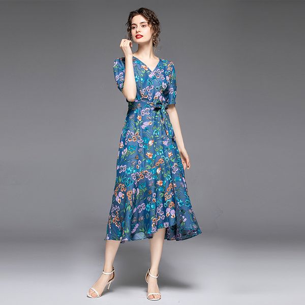 

l xl xxl new summer 2020 women long jeans dress short sleeve blue cotton denim flower printed v neck a line elegant lady, Black;gray