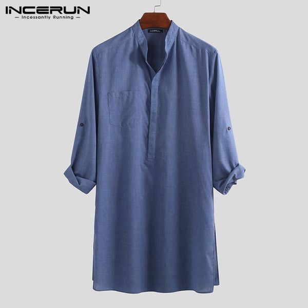 

incerun men shirt solid color stand collar long loose vintage casual clothes camisa sleeve men long shirts 2020 5xl, White;black