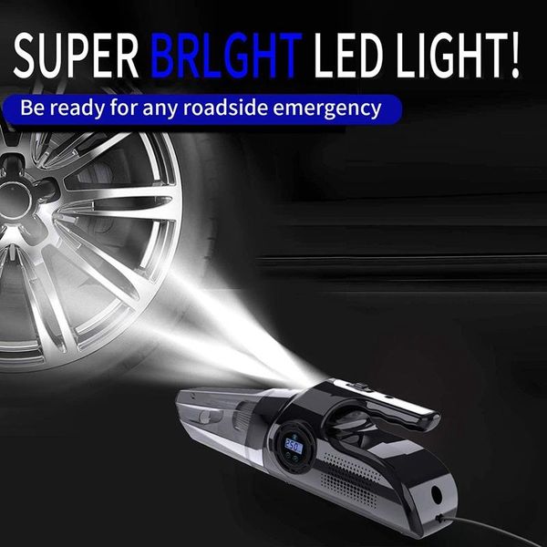 

4-in-1 car handheld vacuum cleaner with digital tire inflator pump pressure gauge led light car vacuum cleaner