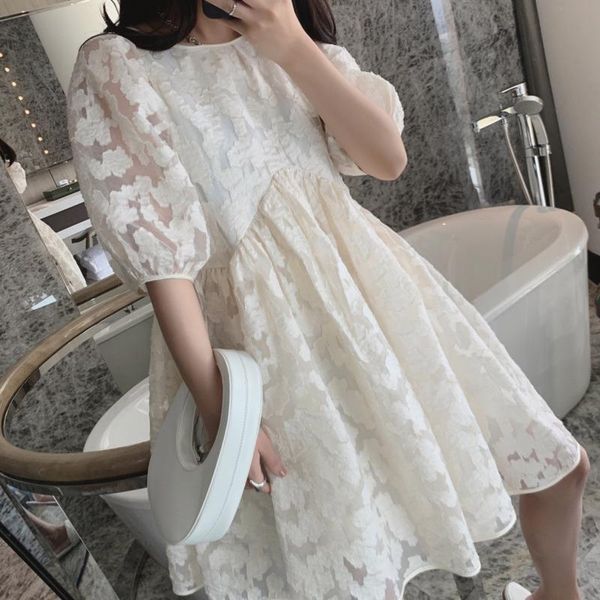 

ewq] 2020 summer new simple casual ladies round neck puff sleeve milky white mini dress korean style dresses women, Black;gray