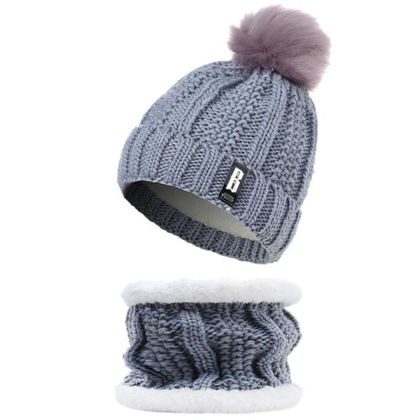 

women knitted hat outdoor plus velvet thick warm knitted pompom hat knit bib set, Blue;gray