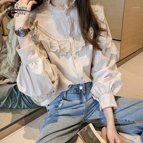 

korean fashion clothing women and blouses vintage spring lantern sleeve office ladies shirts lace o-neck blusas 99511, White