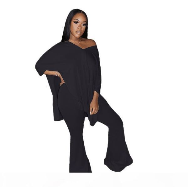 

womens clothing fall fashion tracksuit 2020 womens solid color sewn v-collar bat sleeve flared pants two-piece set 8213, Gray