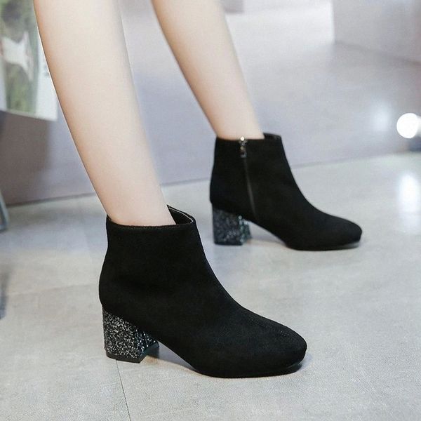 

cootelili women nakle boots flock keep warm shoes 6cm heel wedges boots for woman fashion zip shoes botas mujer size 35-40 #pi8l, Black