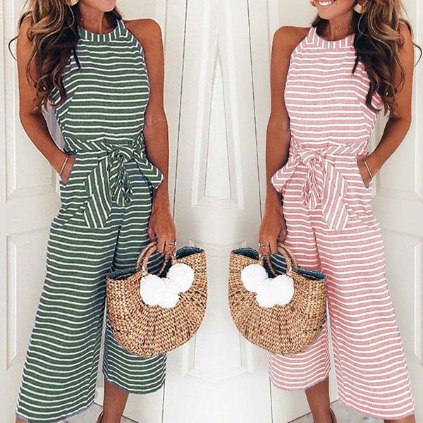 

spring summer jumpsuit women loose sleeveless striped bodysuits casual lace up rompers female o neck jump suit ladies clothes, Black;white