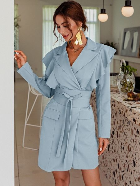 

glamaker ruffle trim belted blazer dress b2io#, White;black