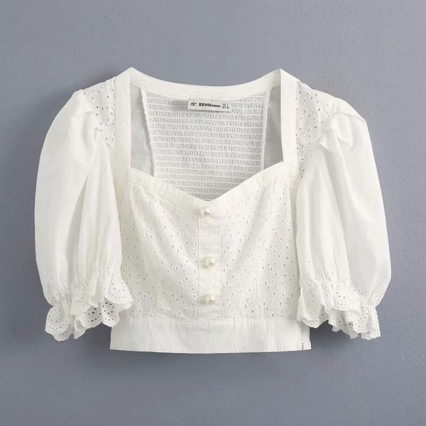 

new 2020 women hollow out lace embroidery patchwork casual slim white blouse ladies back elastic shirts chic blusas
