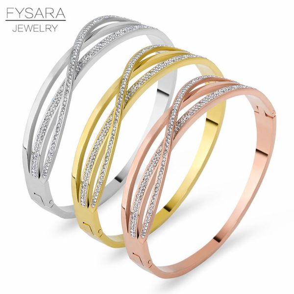 

fysara stainless steel cz crystals intersect cross bracelets bangles luxury shiny rose gold pulseras women jewelry bbybzr bdehome, Black