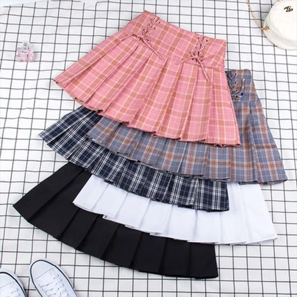 

adjustable waist mini pleat skirt harajuku style plaid skirts cute japanese school uniforms ladies jupe kawaii skirt saia falda, Black