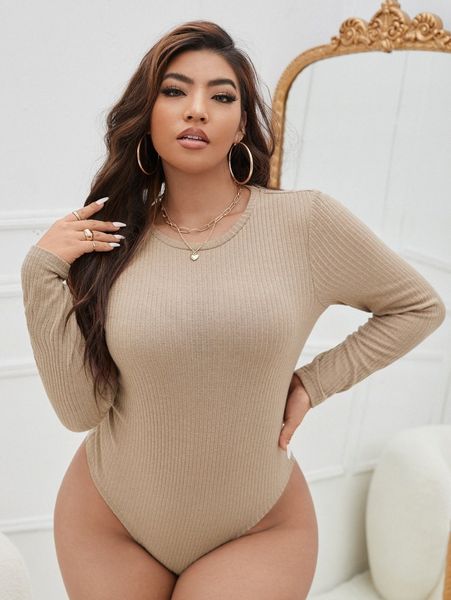 

plus solid ribbed knit bodysuit t9pv#, Black