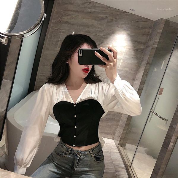 

women's blouses & shirts crop long sleeve patchwork v-neck bow lace up fashion brand spring autumn women's clothing women 1, White