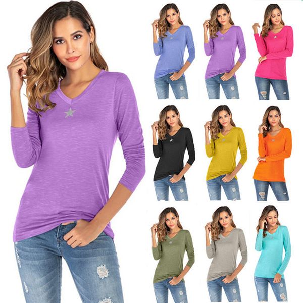 

2021 plus size womens clothing long sleeve v neck slim t-shirts five-pointed star pattern solid color pullover women top, White