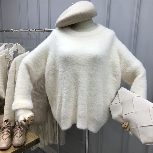 

knitwear female 2019 autumn and winter wild loose round neck imitation cashmere sweater, White;black