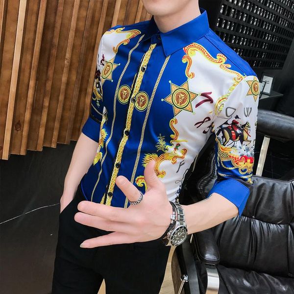 

men's casual shirts royal blue slim dress mens luxury gold printed baroque silk erkek giyim social club men tuxedo clothes, White;black