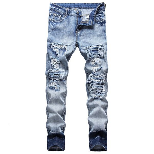 

2020 men's autumn new olor youth hole cool light color jeans, Blue