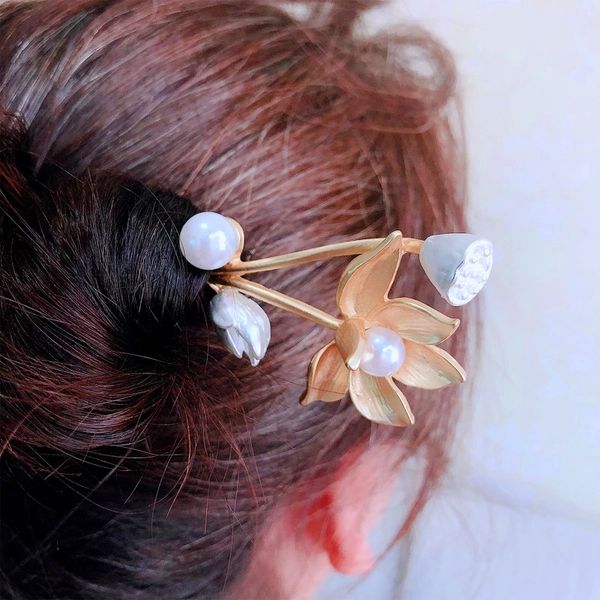 

morkopela vintage lotus flower long hairpin stick metal hair pins accessories women banquet hair jewelry for women, Golden;silver