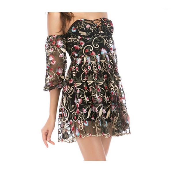 

new women's tube collar color embroidered women dress summer1, Black;gray