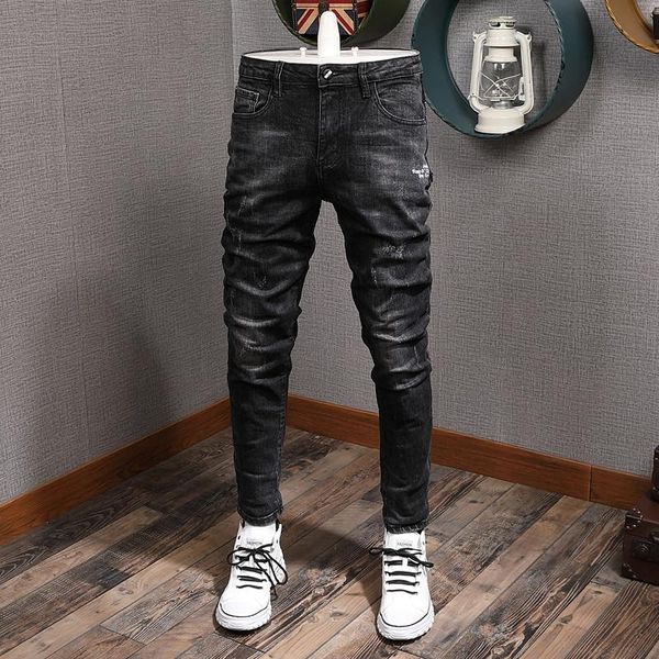 

men's jeans korean style fashion men black color elastic slim fit ripped denim pencil pants streetwear vintage designer long trousers, Blue