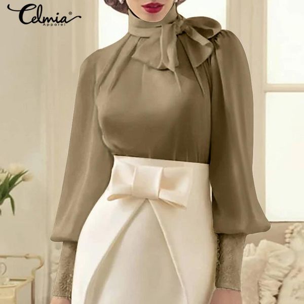 

celmia fashion satin blouses women long lantern sleeve slik shirts 2020 autumn bow tie female elegant office ladies blusas, White