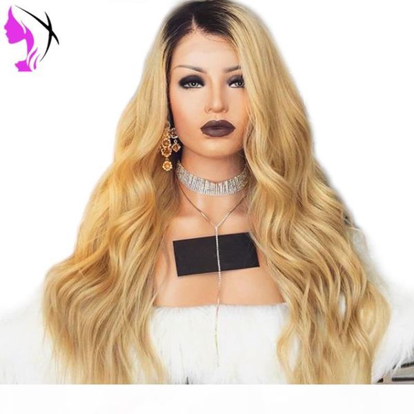 

ombre 1b blonde wig long body wave heat resistant fiber glueless synthetic lace front wigs with dark roots for women, Black