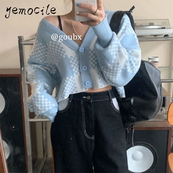 

color-blocking plaid sweater womens 2020 new autumn korean style loose long sleeve v neck short sweaters female, White;black