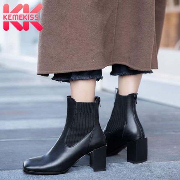 

kemekiss женщины ботильоны натуральной кожи эластичная zip высокий каблук зимняя обувь женщина теплый короткие загрузки управление леди обув, Black