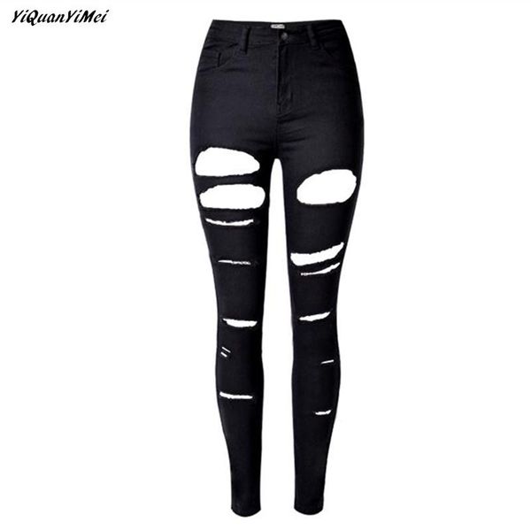 

women's jeans yiquanyimei fashion pencil pants ripped for women skinny hole woman black denim distressed jean pantalon femme, Blue