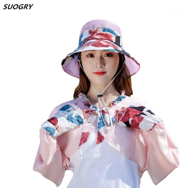 

fashion summer women hat with sleeves print foldable caps ladies beach sunscreen casual hats gardener work cap chapeu feminino1, Blue;gray