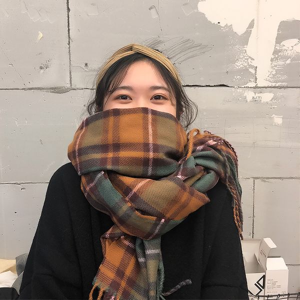

scarves korean version female winter long student plaid collar neck versatile national style thickened little fresh soft girl, Blue;gray