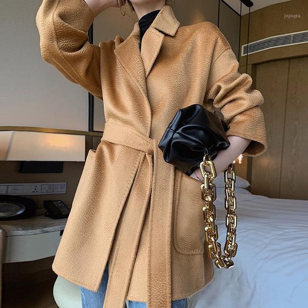 

2020 new double faced wool coat women's middle and long korean version loose and thin solid color versatile woolen coat1, Black