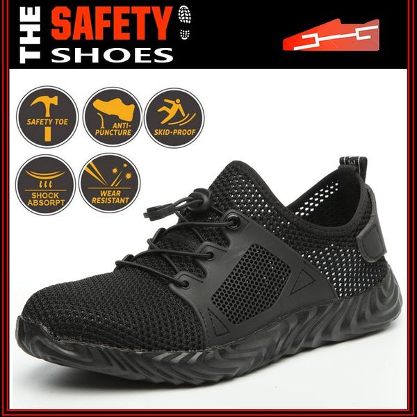 

summer safety shoes mesh work shoes men sneakers safety lightweight work with steel toe cap indestructible, Black