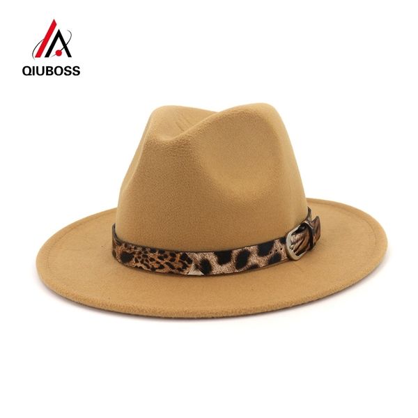 

qiuboss flat wool felt wide brim jazz fedora hat for men women leopard grain leather decorated plain felted woolen volcano hats y200110, Blue;gray