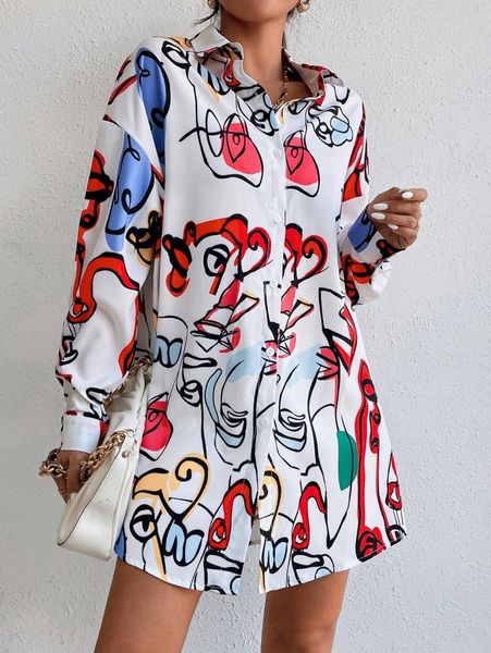 

abstract figure graphic drop shoulder shirt dress without belt 06mk#, Black;gray