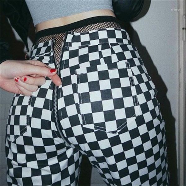 

ladies black and white plaid casual trousers front and back zipper convenient classic classic black white with street1