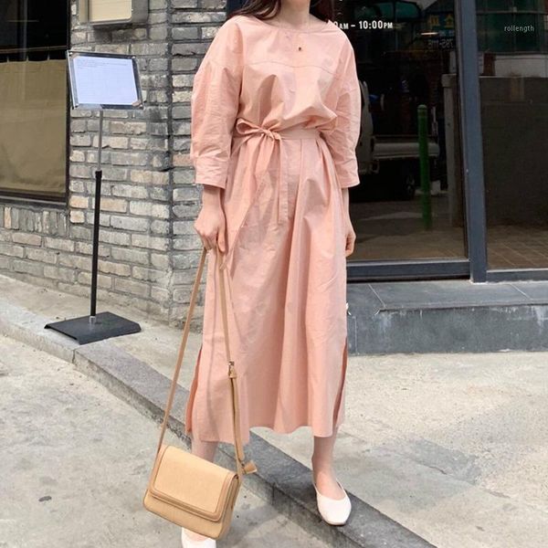 

ewq] 2020 summer new o neck three quarter sleeve loose dress women elegant long robe korea long split ladies straight dresses1, Black;gray