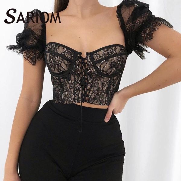 

women's blouses & shirts vintage mesh black lace patchwork women blouse puff short sleeve backless tie up bandage ladies shirt blus, White