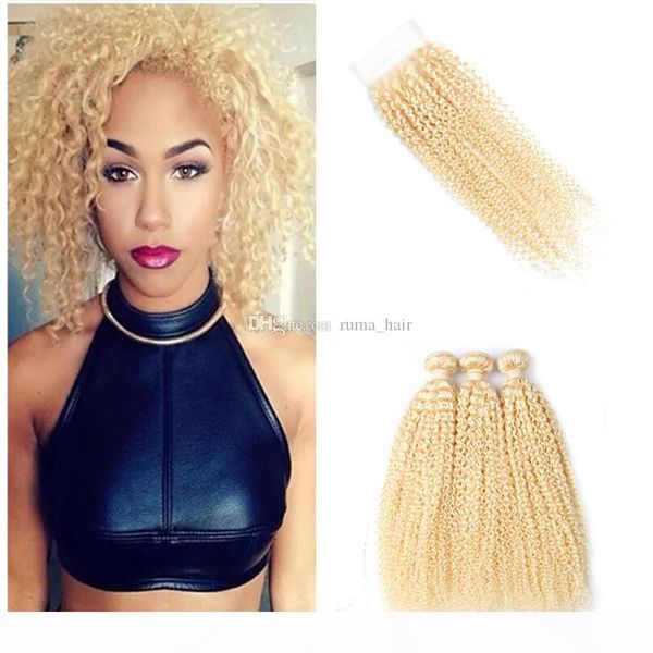 

soft and smooth human hair 8a grade kinky curly blonde hair bundles with lace closure 613 brazilian virgin hair with closure 4pcs lot, Black;brown