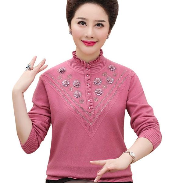 

winter women's sweater beading flower female pullovers long sleeve warm half turtleneck sweater knitted female jumper pull, White;black