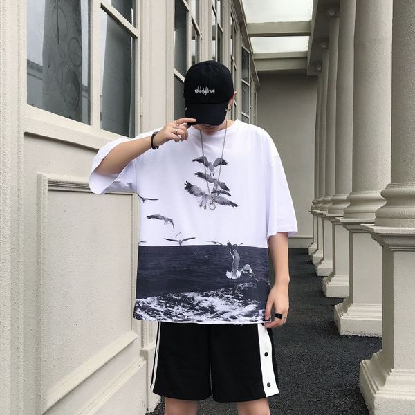 

summer new t shirt men's fashion printed casual short-sleeved tshirt man streetwear trend wild hip-hop loose cotton t-shirt kg-712, White;black