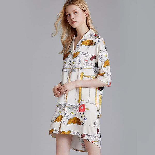 

spring summer nightdress women print sleepshirts short sleeve sleepwear silk nightwear cute nightshirts satin nightgowns, Black;red