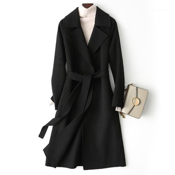 

women's wool & blends double side real coat female autumn winter jacket women clothes 2021 long woolen coats korean outwear my35031, Black