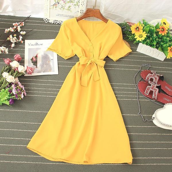 

zcwxm summer dress women high waist 2020 v neck solid fashion korean vestidos short sleeve new bandage bow dresses1, Black;gray